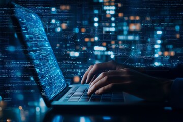Close-up of hands typing on a laptop keyboard with digital code overlay. Represents concepts of coding, cybersecurity, and modern technology in a dynamic digital environment.