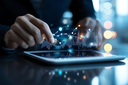 Business professional analyzing data on a digital tablet with futuristic virtual graphs, representing modern technology and innovation in the business world.