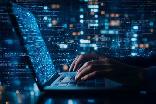 Close-up of hands typing on a laptop keyboard with digital code overlay. Represents concepts of coding, cybersecurity, and modern technology in a dynamic digital environment.