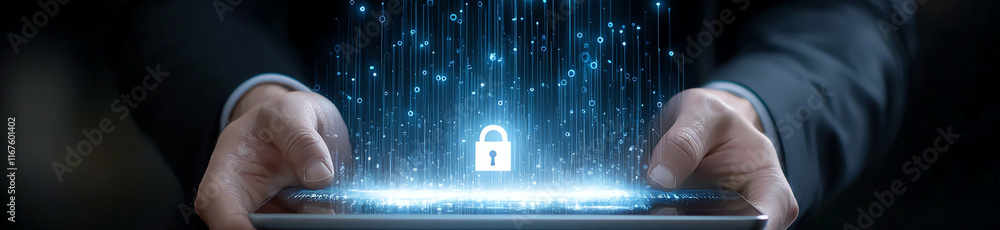 Poster secure digital data protection concept with a glowing lock hologram hovering above a tablet, held by