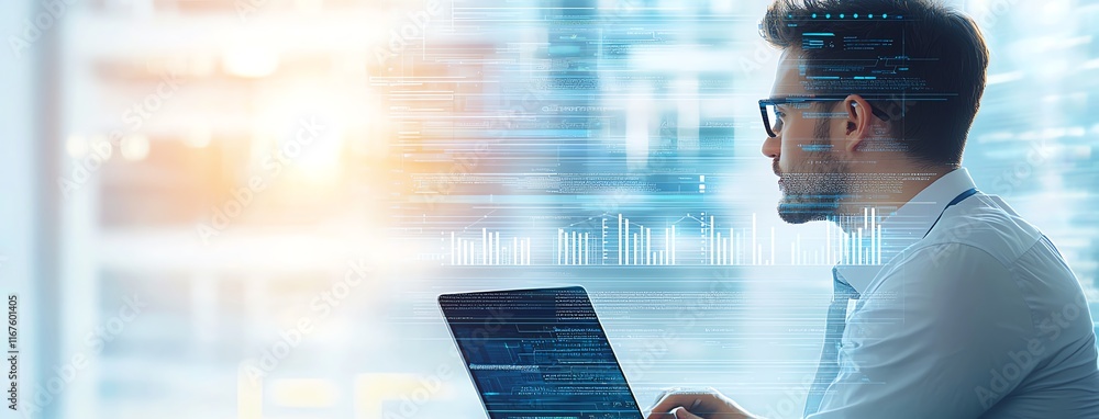 Poster a professional working on a laptop with data visuals in the background, representing the fast-paced 