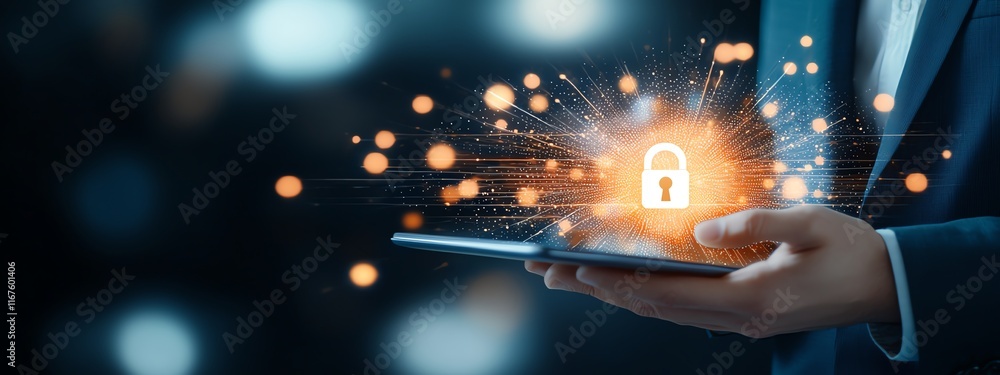 Poster close-up of a person holding a tablet with a glowing lock icon, symbolizing cybersecurity and data p