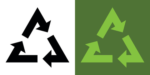 Recycling. Recycle icons. 3 green arrows. Reuse, green environment. Recycling Symbol. Green and black icons for packaging, recycling. Ecology.