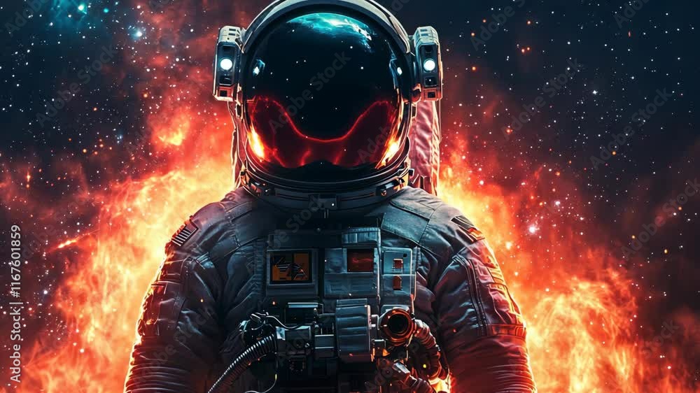 Poster astronaut stands in vivid cosmic scene surrounded by flames and stars in a mesmerizing display of sp