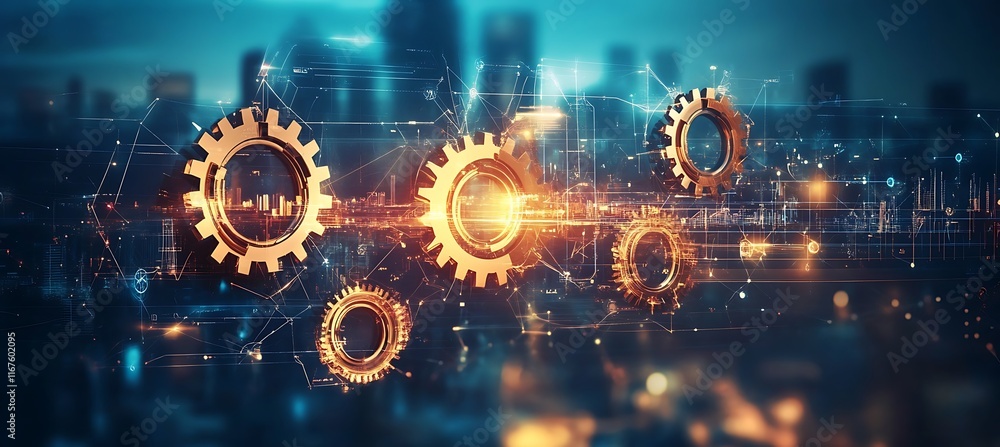 Aufkleber an abstract graphic showing interconnected gears and business icons with plenty of space for text