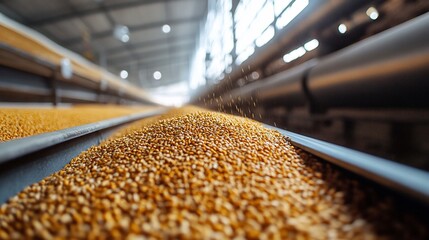 Grain flowing on conveyor belt in factory.