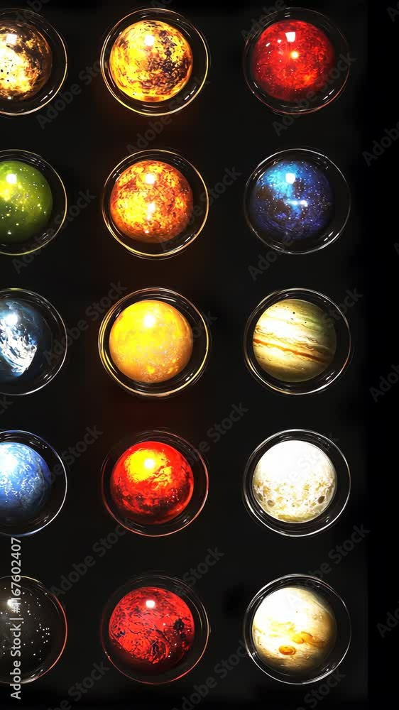 Poster collection of colorful planet models displayed in circular containers against a dark background