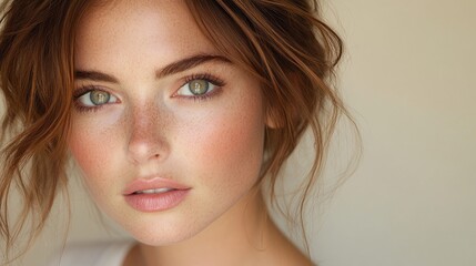 Fototapeta premium A close-up portrait of a young woman with striking green eyes and natural makeup.