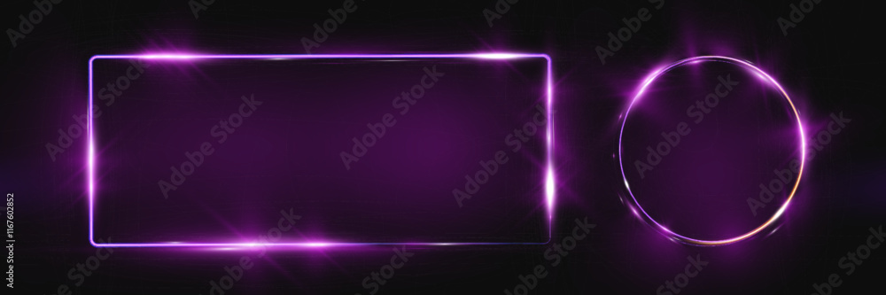 Poster Purple neon glowing shapes on dark background, featuring a circle, rectangle, and vertical rectangle with light flares and soft gradients. Elegant futuristic light effects suitable for digital design.