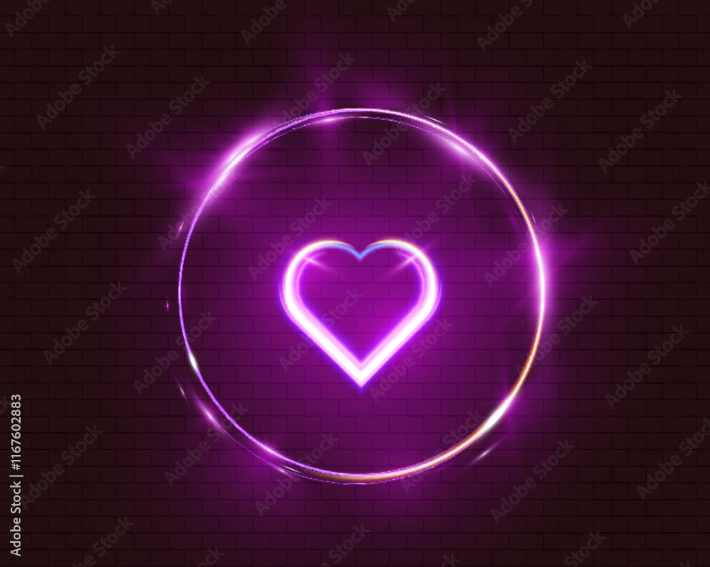 Poster glowing neon heart inside a circular frame with purple light effects on a dark transparent backgroun