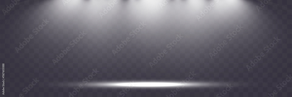 Poster empty spotlight stage with dark gradient background and bright beams of light illuminating the cente