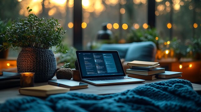 Cozy Evening Workspace With Laptop And Books