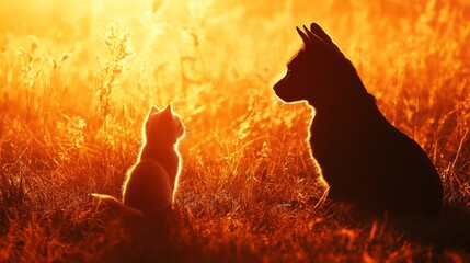 Silhouette of Cat and Dog at Golden Hour in Countryside