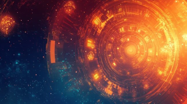 A 3D axis with glowing markers for past, present, and future, extending through a gradient background 