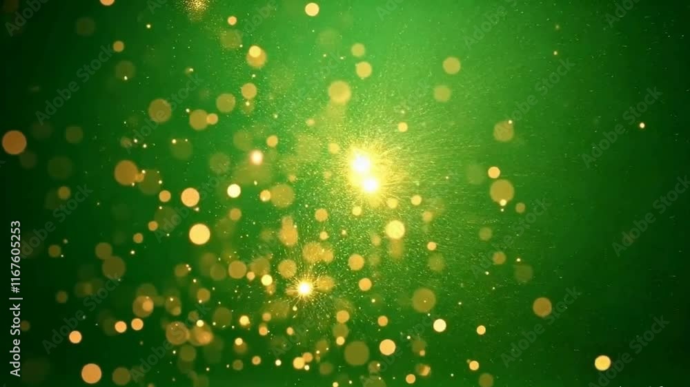 Poster abstract background with a green tint. glowing golden dots and circles are scattered on this backgro