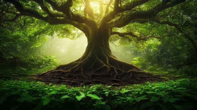 Pantheism A tranquil forest landscape bathed in warm, golden light, showcasing majestic, towering trees and a sense of divine energy all around