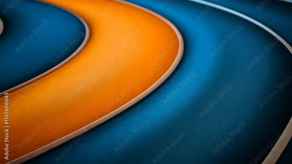 Poster bright curved patterns in blue and orange create an abstract design in a modern setting evoking a se