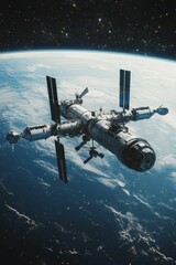 Fototapeta premium Space station orbiting Earth, stars visible.