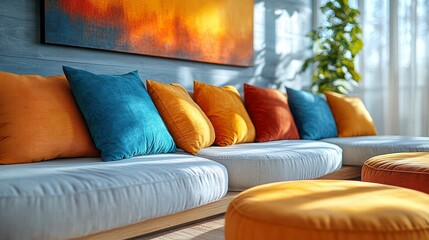 Colorful pillows on a modern sectional sofa in a sunlit room.