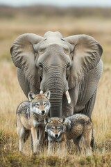 Obraz premium Elephant stands with two wolves in grassy field.