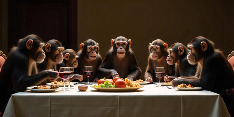 The last dinner of the eight chimpanzee monkeys on a long table covered with white cloth and food on the table inside the house.