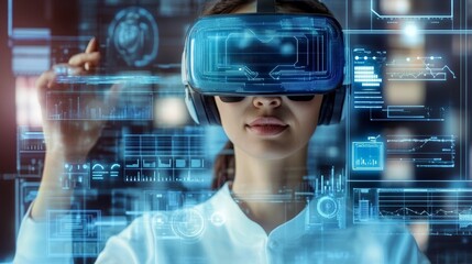 A technologist specializing in virtual world architecture, actively interacting with innovative digital interfaces within a modern workspace environment