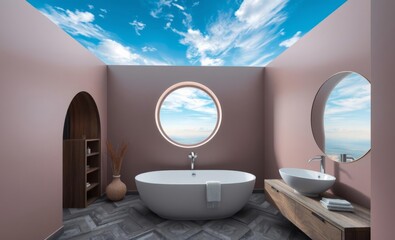Interior design of modern color bathroom with arched wall and ellipse window Japandi interior design interior design japandi style modern