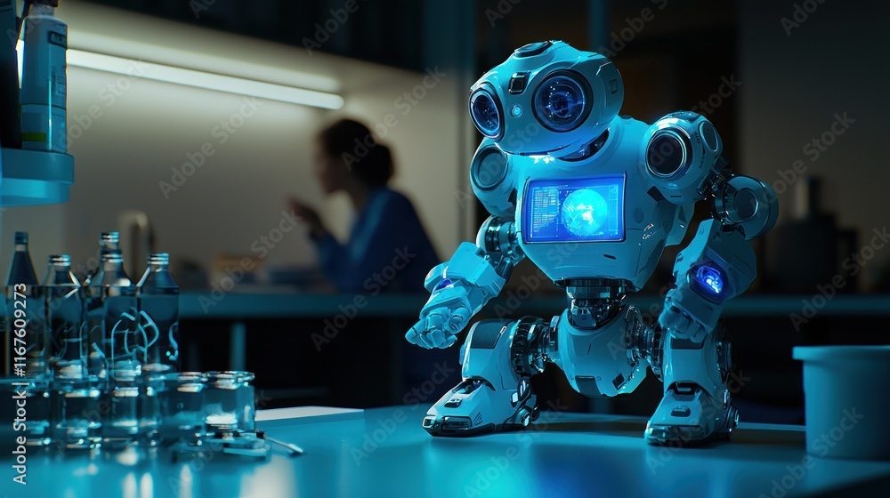 Poster a futuristic laboratory assistant: a small robot in a modern lab