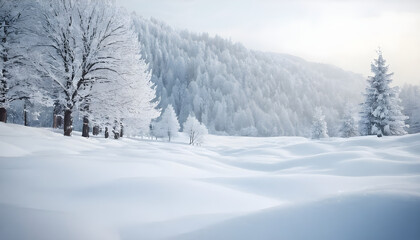 Fototapeta premium Winter wonderland with snow covered trees and hills