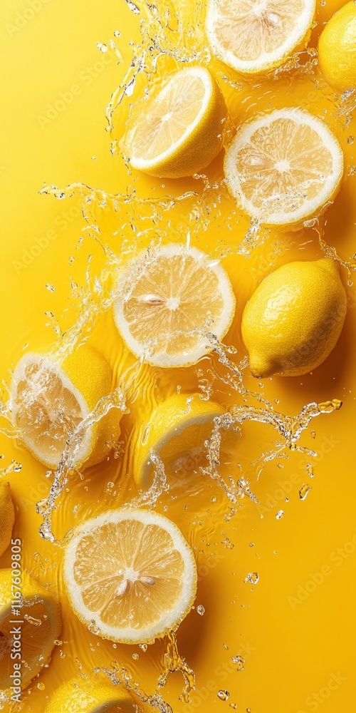 Poster bright yellow lemons are sliced and splashing in clear water, creating an energetic and refreshing c