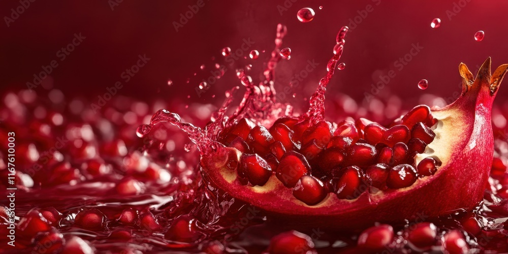 Poster pomegranate seeds explode in a splash, surrounded by rich red juice, creating a dynamic and vivid di