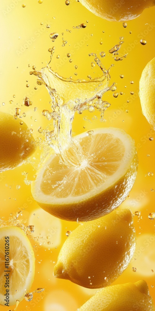 Poster bright yellow lemons splash into clear water, creating dynamic droplets and a refreshing atmosphere 