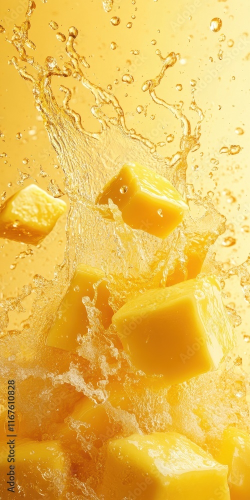 Poster chunks of ripe mangoes are dynamically splashing into clear water, creating an energetic display of 