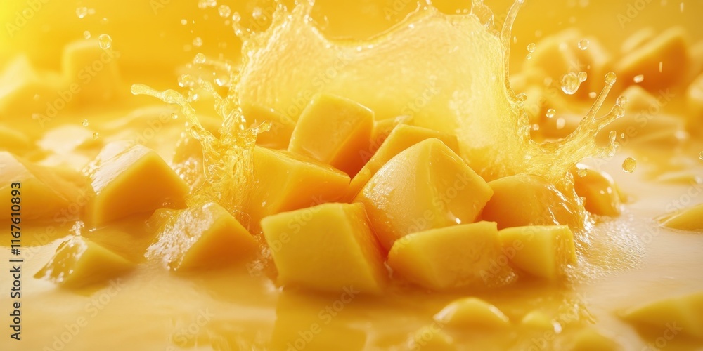 Poster fresh mango cubes interact with vibrant yellow juice, creating a refreshing and energetic splash in 