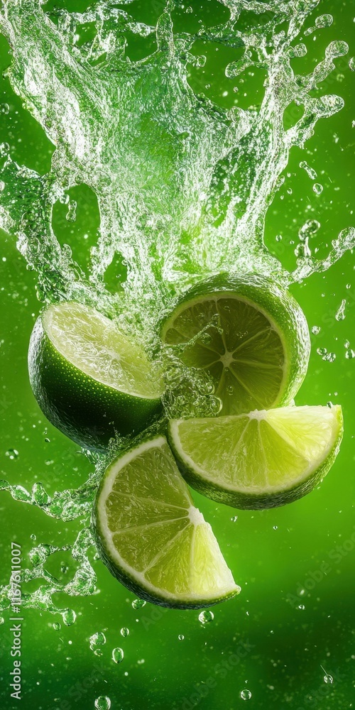 Poster slices of lime drop into clear water, creating dynamic splashes and vibrant droplets against a vivid
