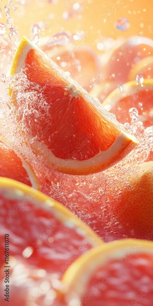 Poster juicy grapefruit slices are immersed in sparkling water, creating a dynamic display of color and mot