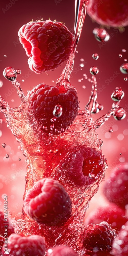 Poster raspberries leap into clear water, creating a stunning display of droplets that capture the vivid re