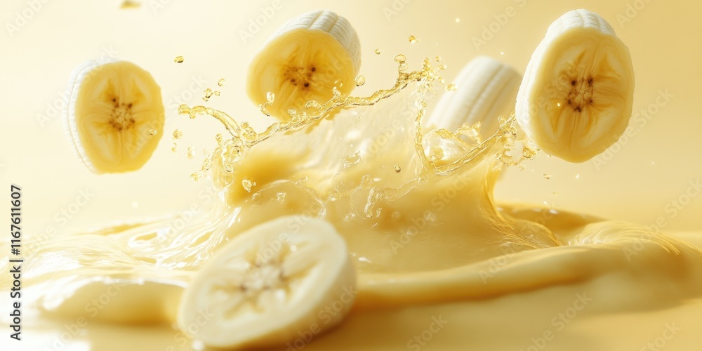 Poster fresh banana slices dive into a smooth, creamy substance, creating splashes and ripples in a vibrant