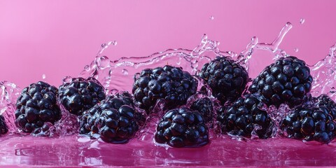 Juicy blackberries are splashed with water against a vivid pink background, showcasing their freshness and making an eye-catching culinary presentation