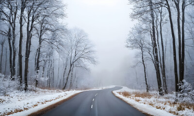 Empty asphalt road winding through a snowy forest in winter