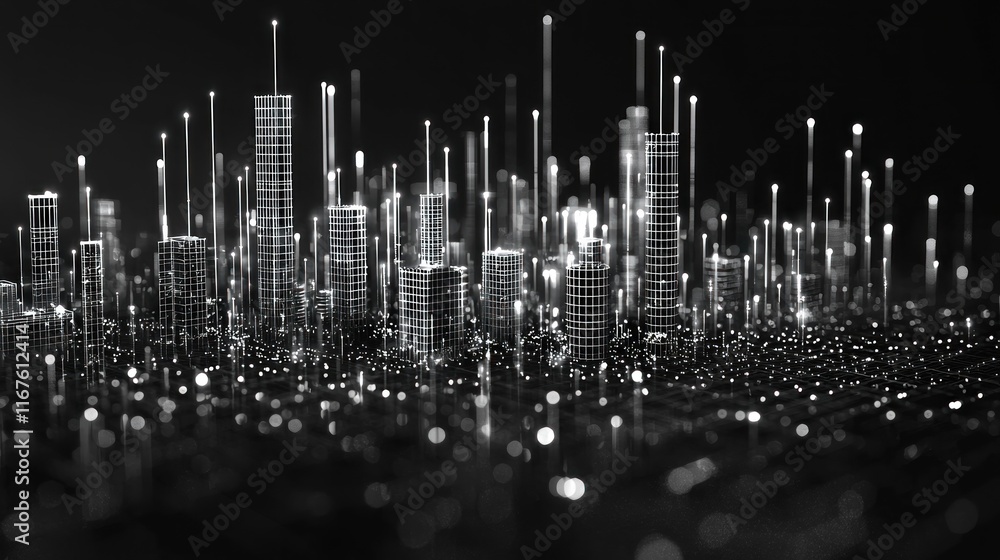 Poster digital metropolis: a futuristic cityscape illuminated by glowing lines and data streams, representi