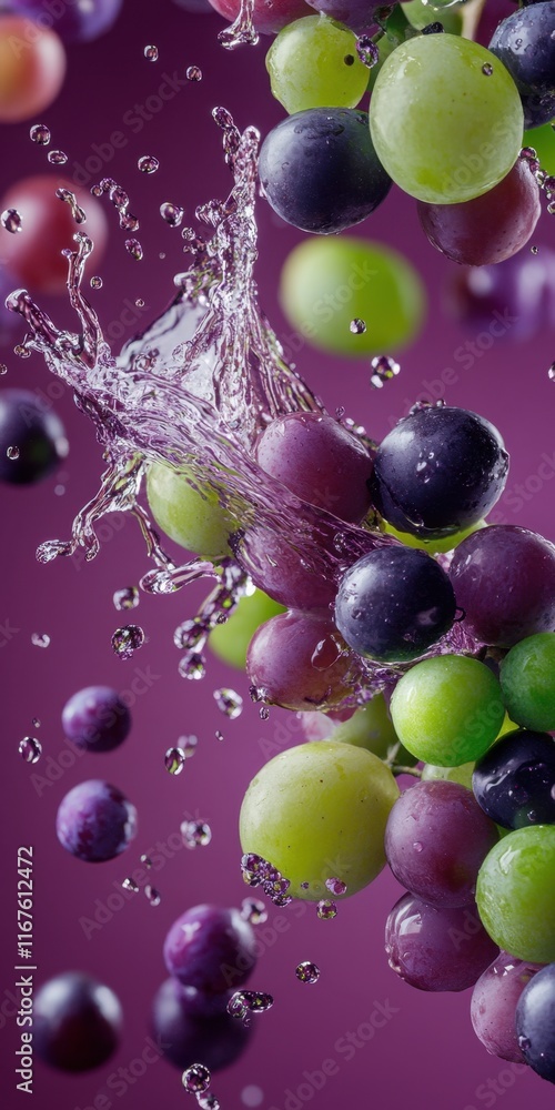 Poster various grapes in different colors splash into clear water, creating a lively effect against a purpl