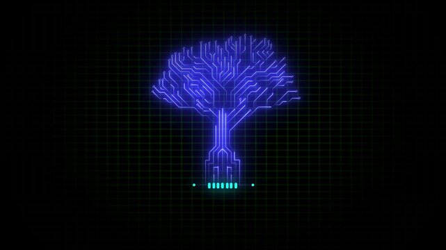 tree data digital technology network symbol. blue line circuit ecology business.  tree network nature line connection. vector with neon line  illustration design. sustainable electricity concept.