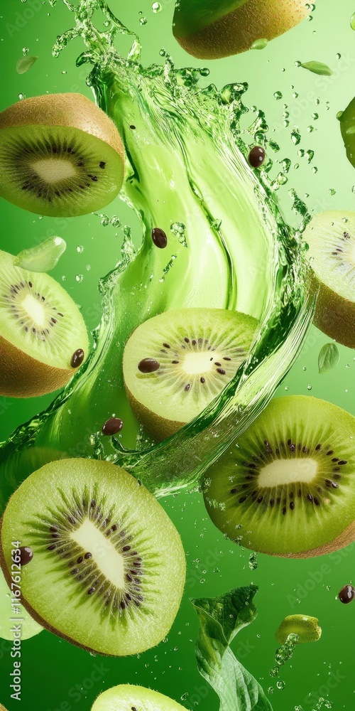 Poster sliced kiwi fruits are scattered in a lively green liquid, creating an energetic and refreshing visu