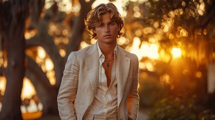  A 19-year-old male model in a tailored linen suit, strolling through a sunlit park, showcasing the effortless elegance and summery vibes of the brand's resort collection