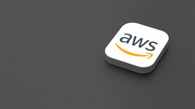 3D-rendered icon of the AWS app logo, featuring a sleek, minimalistic design. The logo appears on a dark gray background within a white square with rounded corners.
