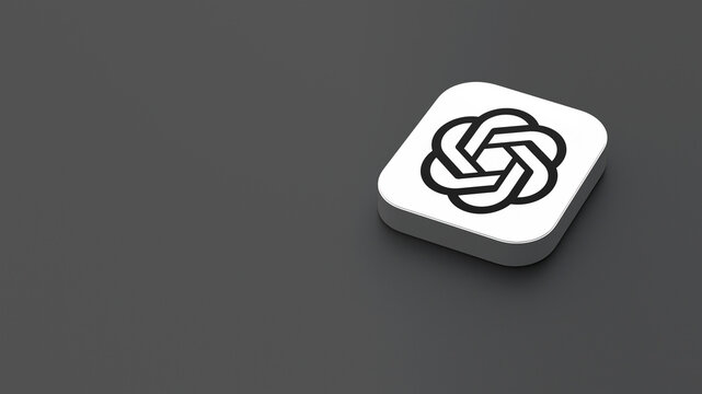 3D-rendered icon of the ChatGPT app logo, featuring a sleek, minimalistic design. The logo appears on a dark gray background within a white square with rounded corners.