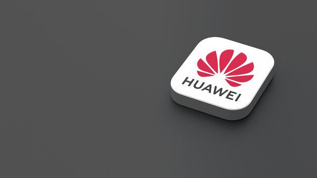 3D-rendered icon of the Huawei app logo, featuring a sleek, minimalistic design. The logo appears on a dark gray background within a white square with rounded corners.