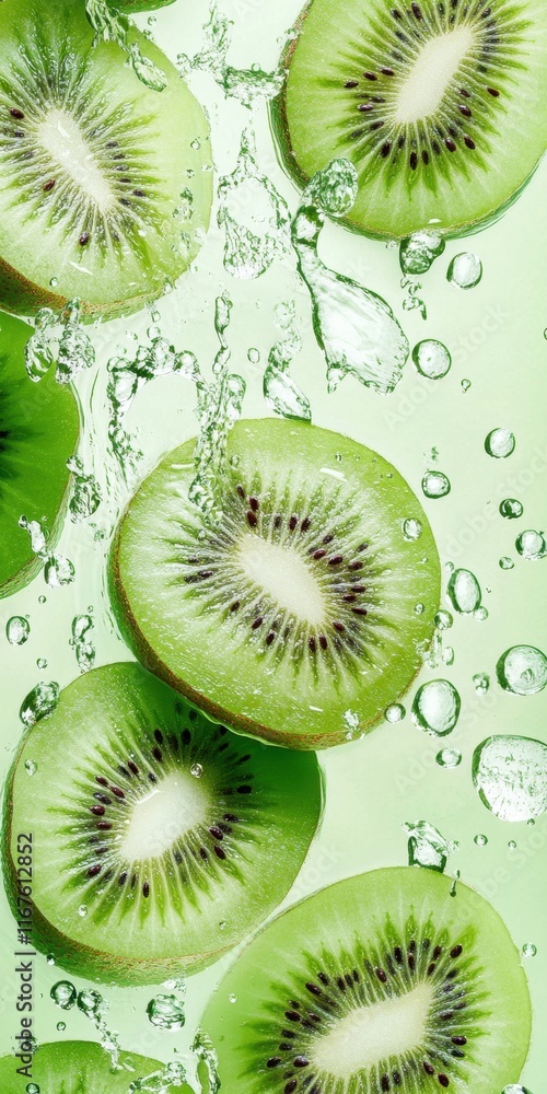 Poster kiwi slices create an eye-catching display as they float in water, forming a vibrant contrast agains