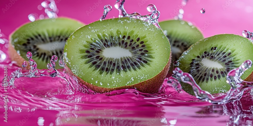 Poster fresh kiwi slices are partially submerged in water, creating dynamic splashes against a bold pink ba